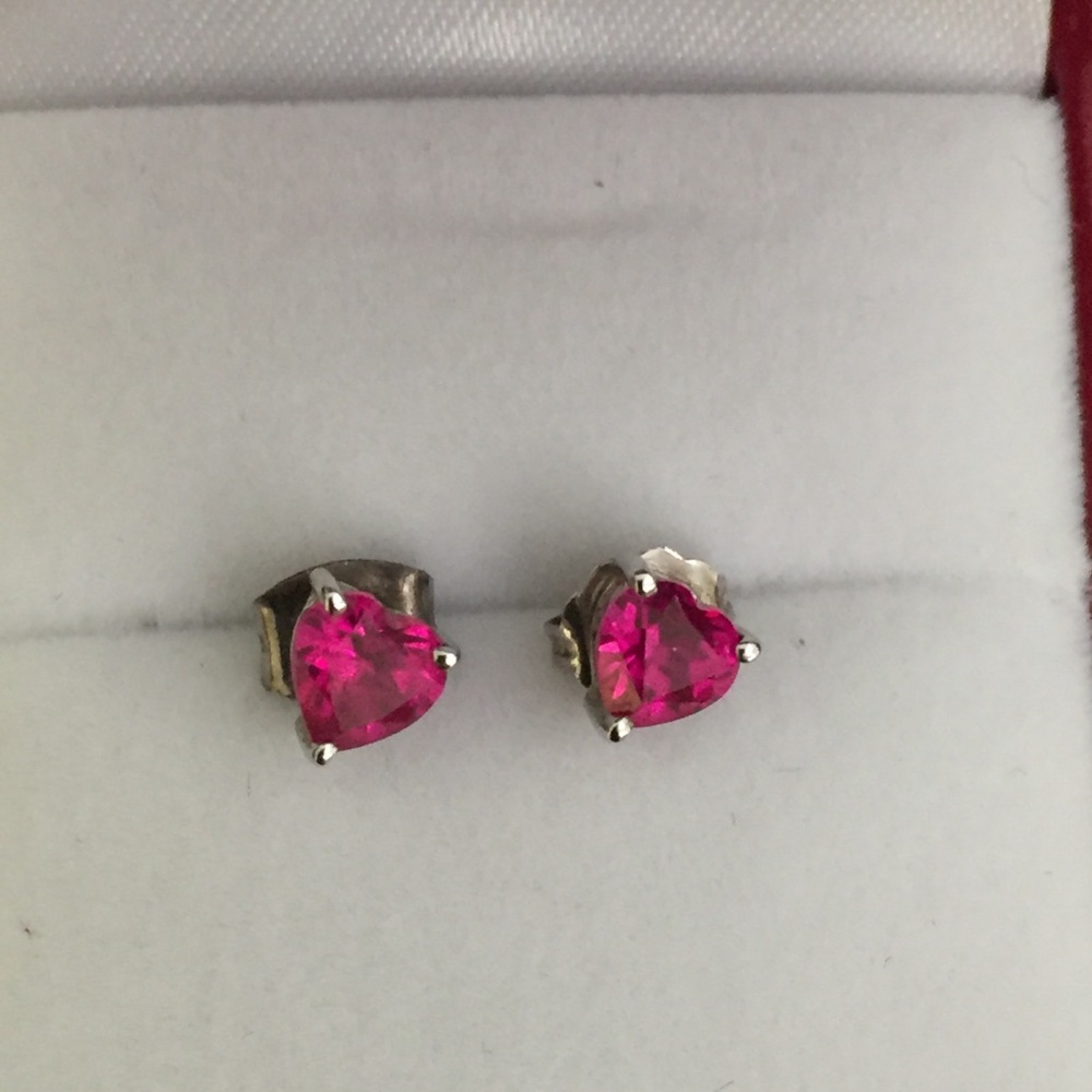 Sterling Red Ruby Heart Stud Earrings - image 1